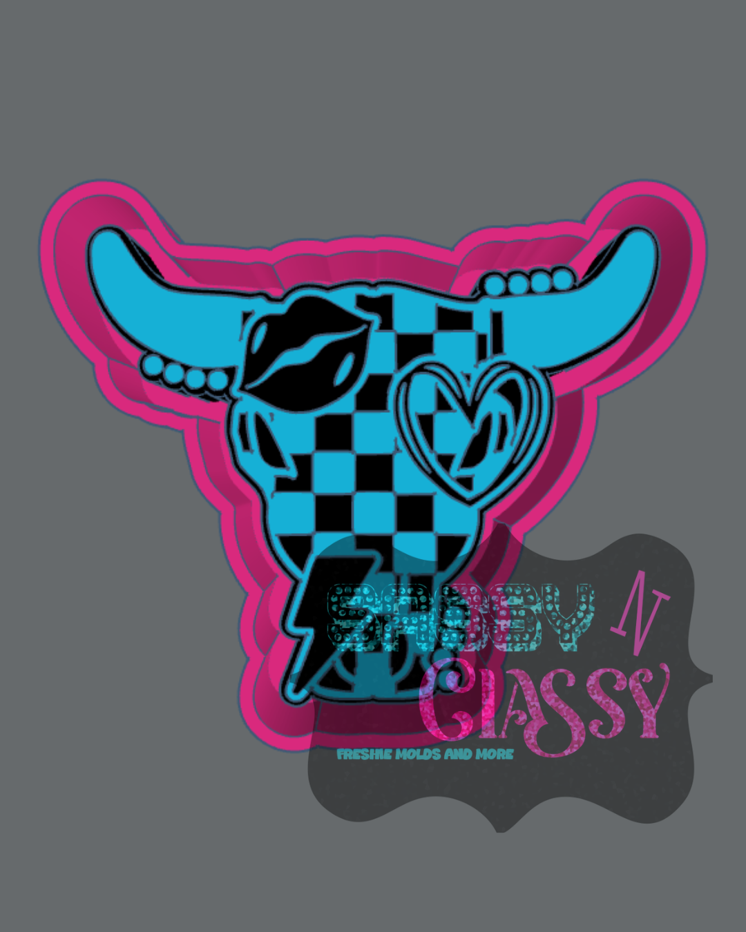 Checkered Bull Skull with Heart and Bolt Freshie Mold