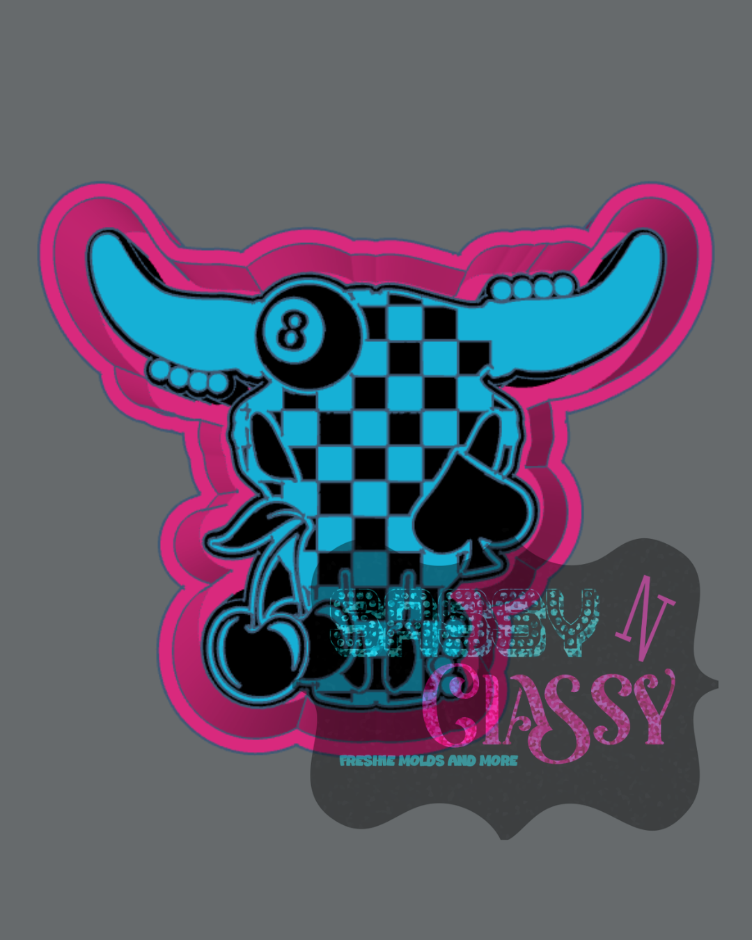 Checkered Bull Skull with Spade and Cherries Freshie Mold