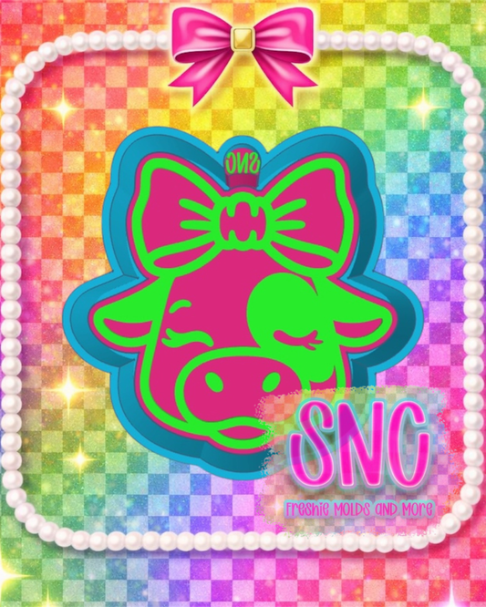 Winking Cow with Bow Freshie Mold