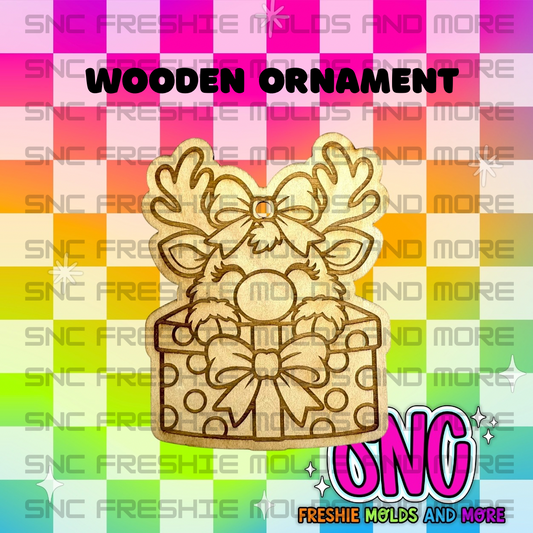 Reindeer Gift Box Wooden Ornament